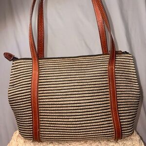 Eric Javits Straw Tote Bag Leather Straps Striped Boho Summer Handbag